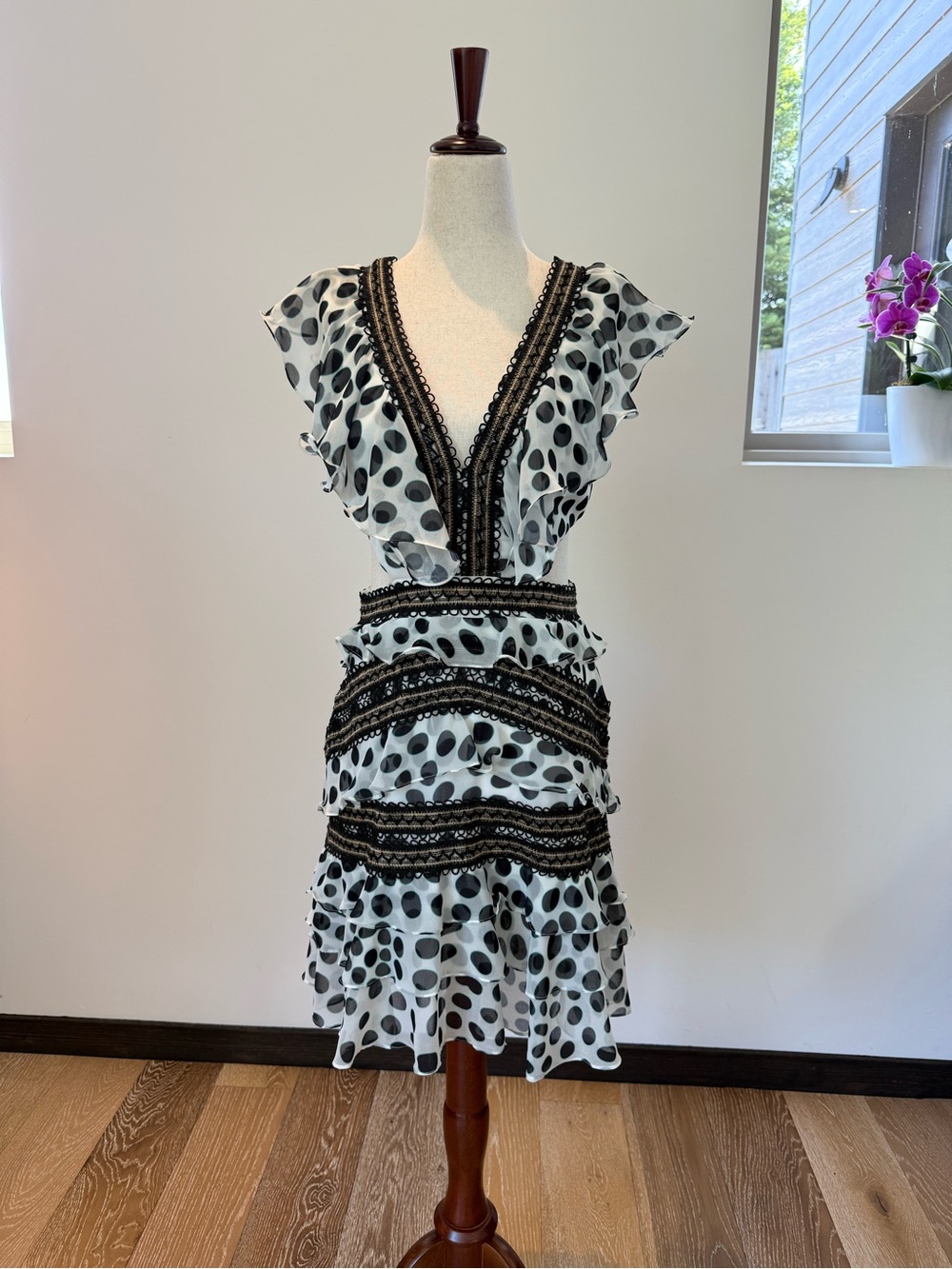 PatBO Black and White Polka Dot Ruffled V-Neck Dress